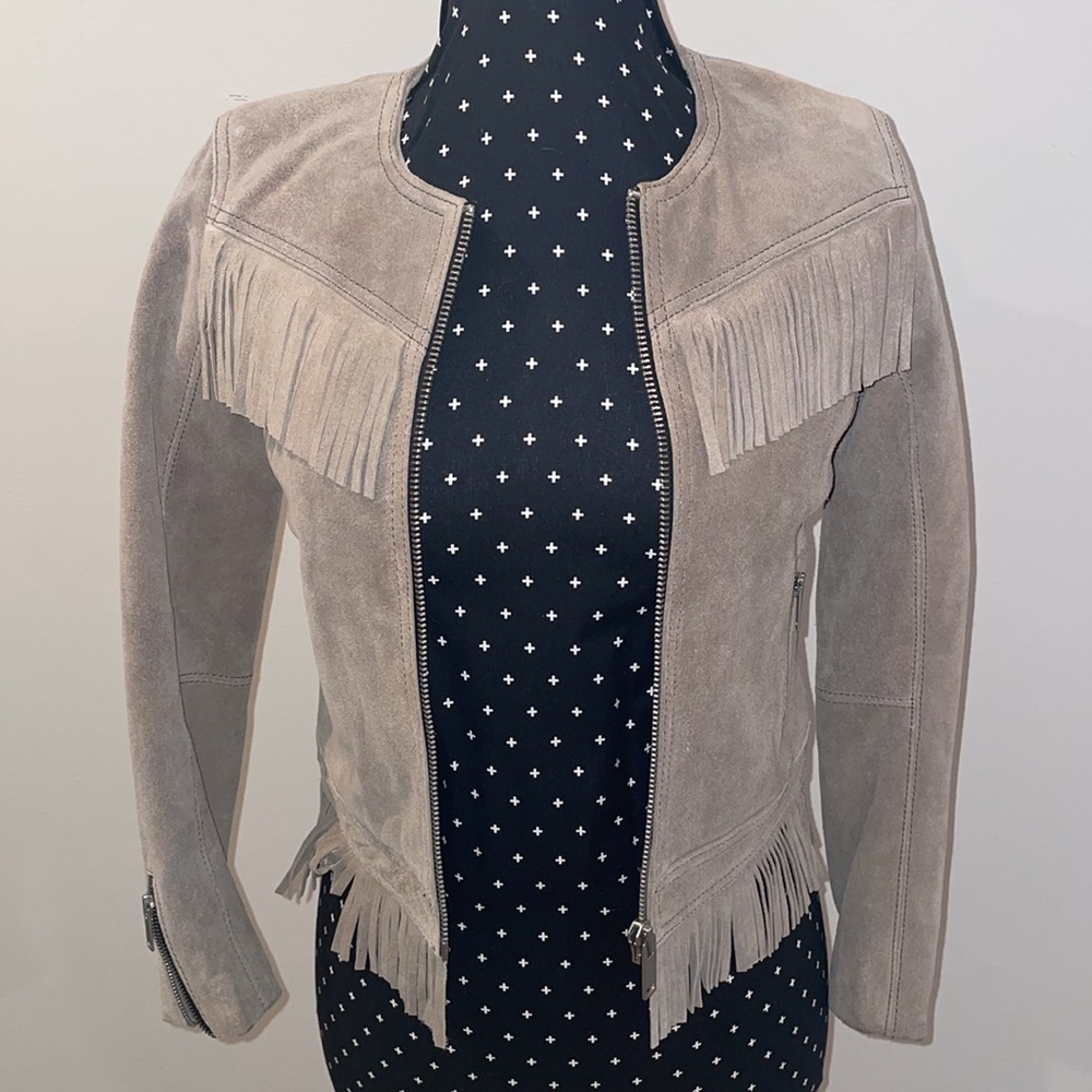 Genuine Leather Tan Suede Moto cowboy Jacket western Fringe Size XXS